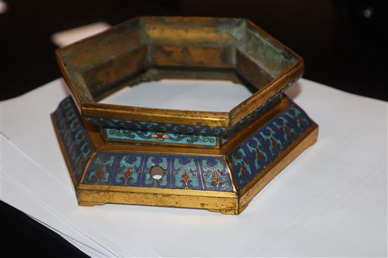 A Chinese cloisonne enamel stand and various wood stands